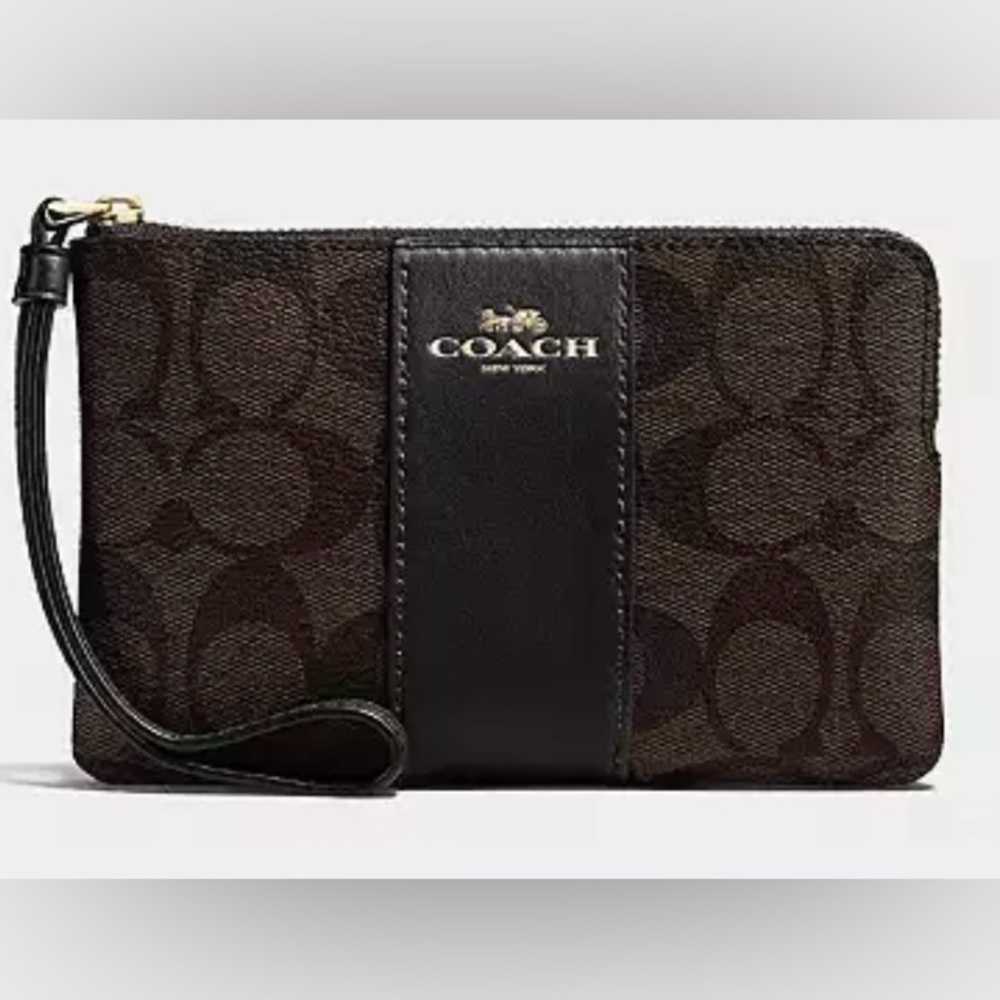 Gorgeous, NWT, black/brown COACH Signature “C” PVC Leather corner zip wristlet - Picture 1 of 15